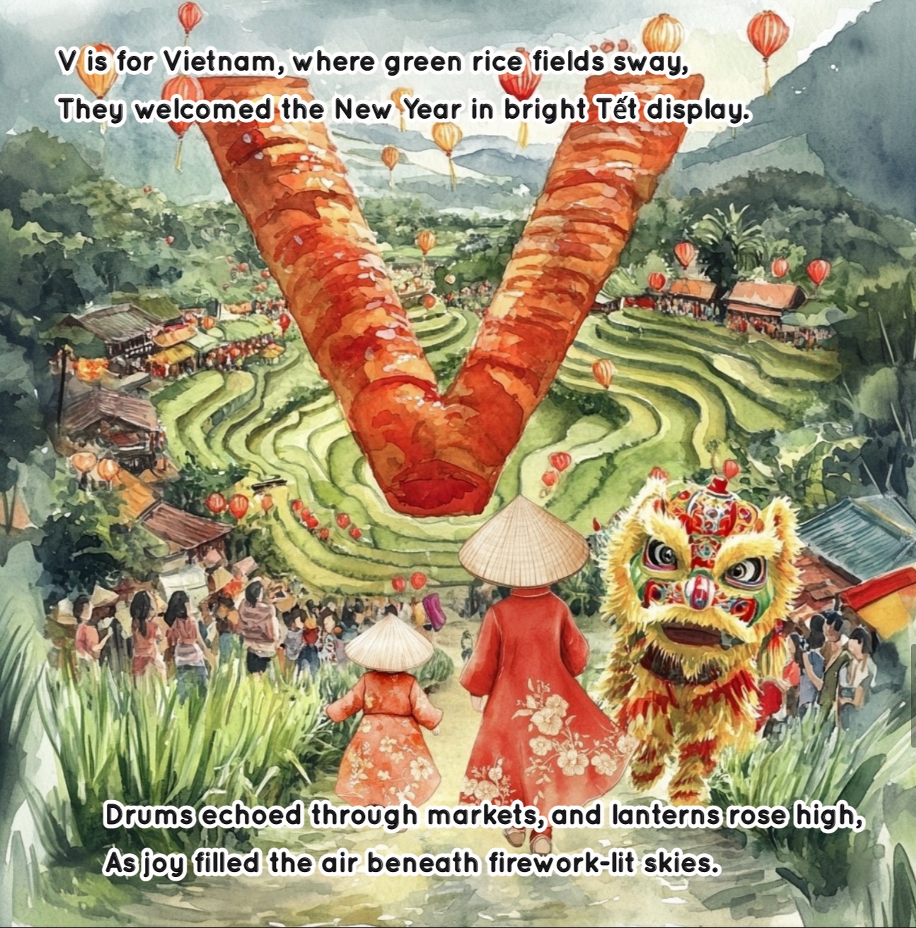 Vietnam illustrated page for children featuring Tết New Year