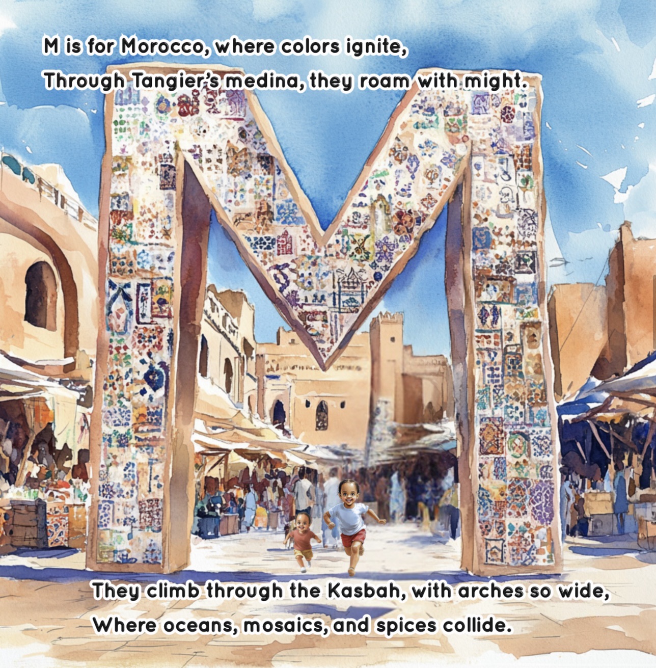 Morocco illustrated page for children featuring Tangier's medina