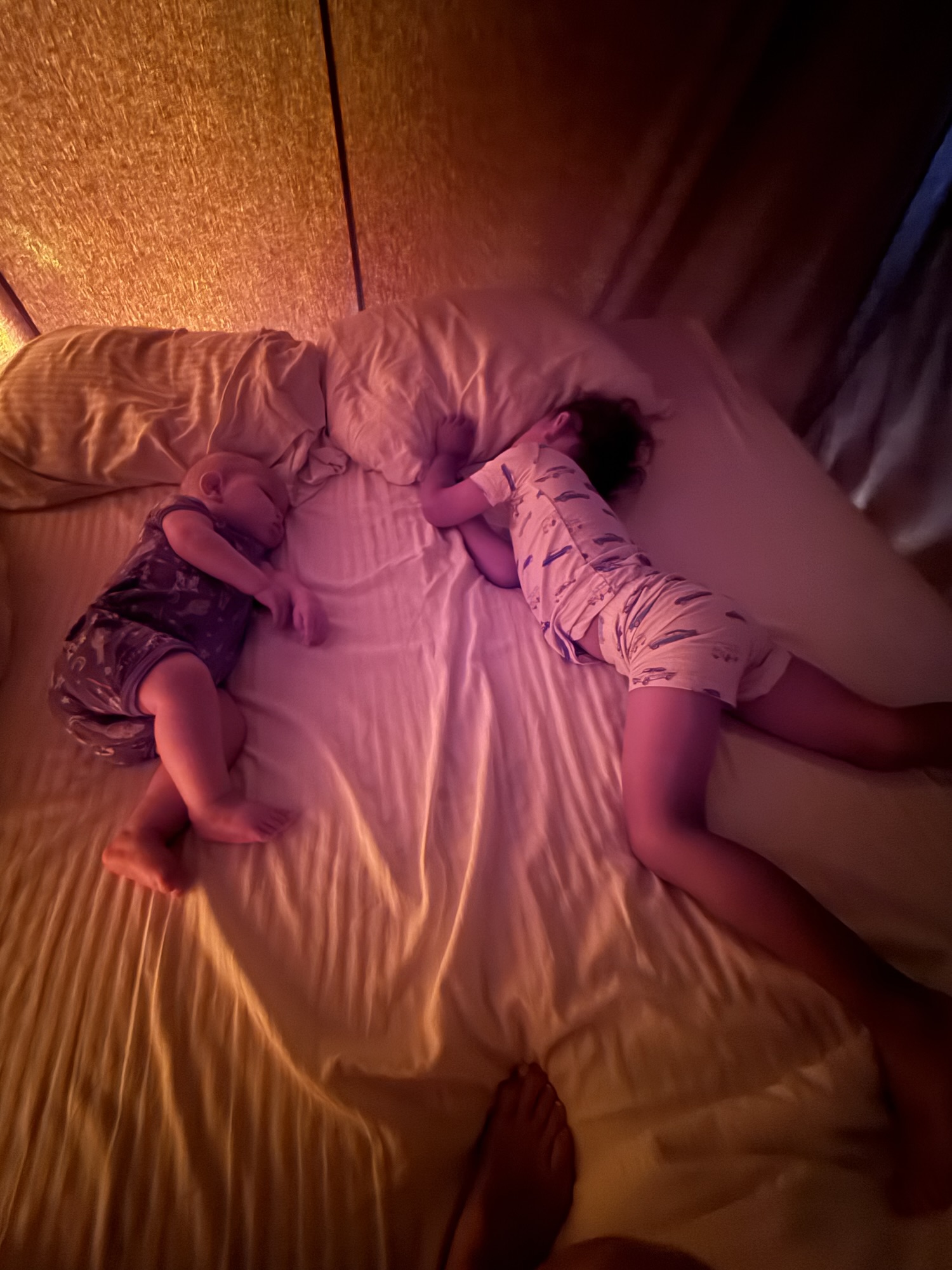 Paxton and Kai taking a midday nap together at Huttopia Paradise Springs