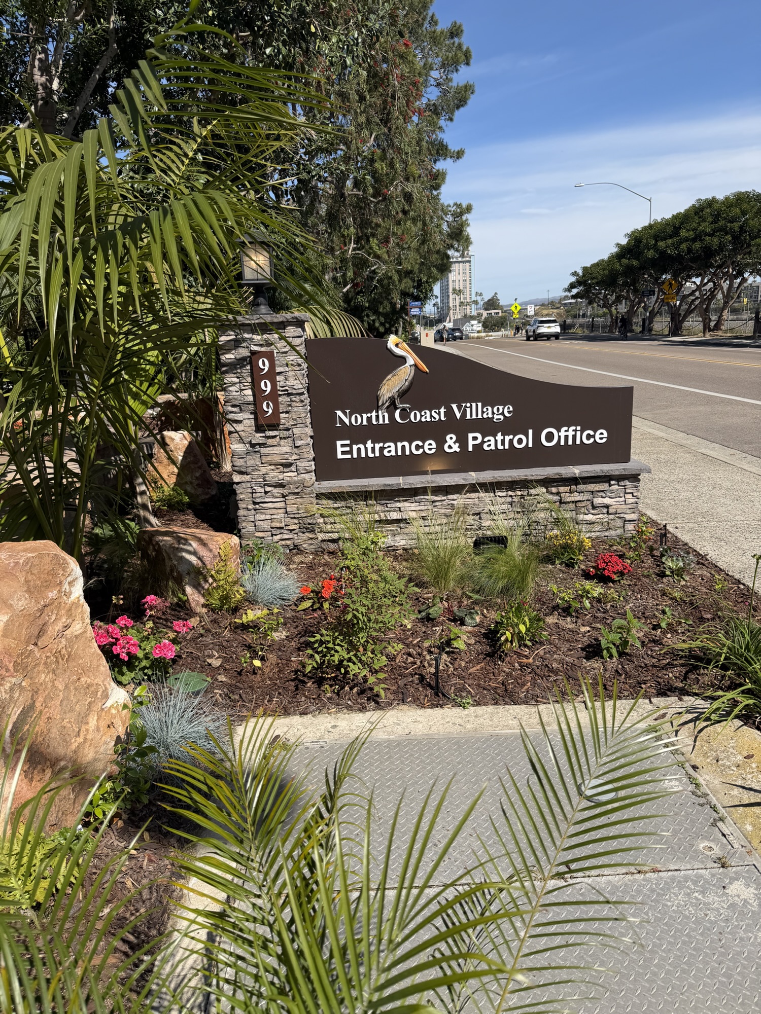 Entrance sign and landscaping at the condo complex in Oceanside, California